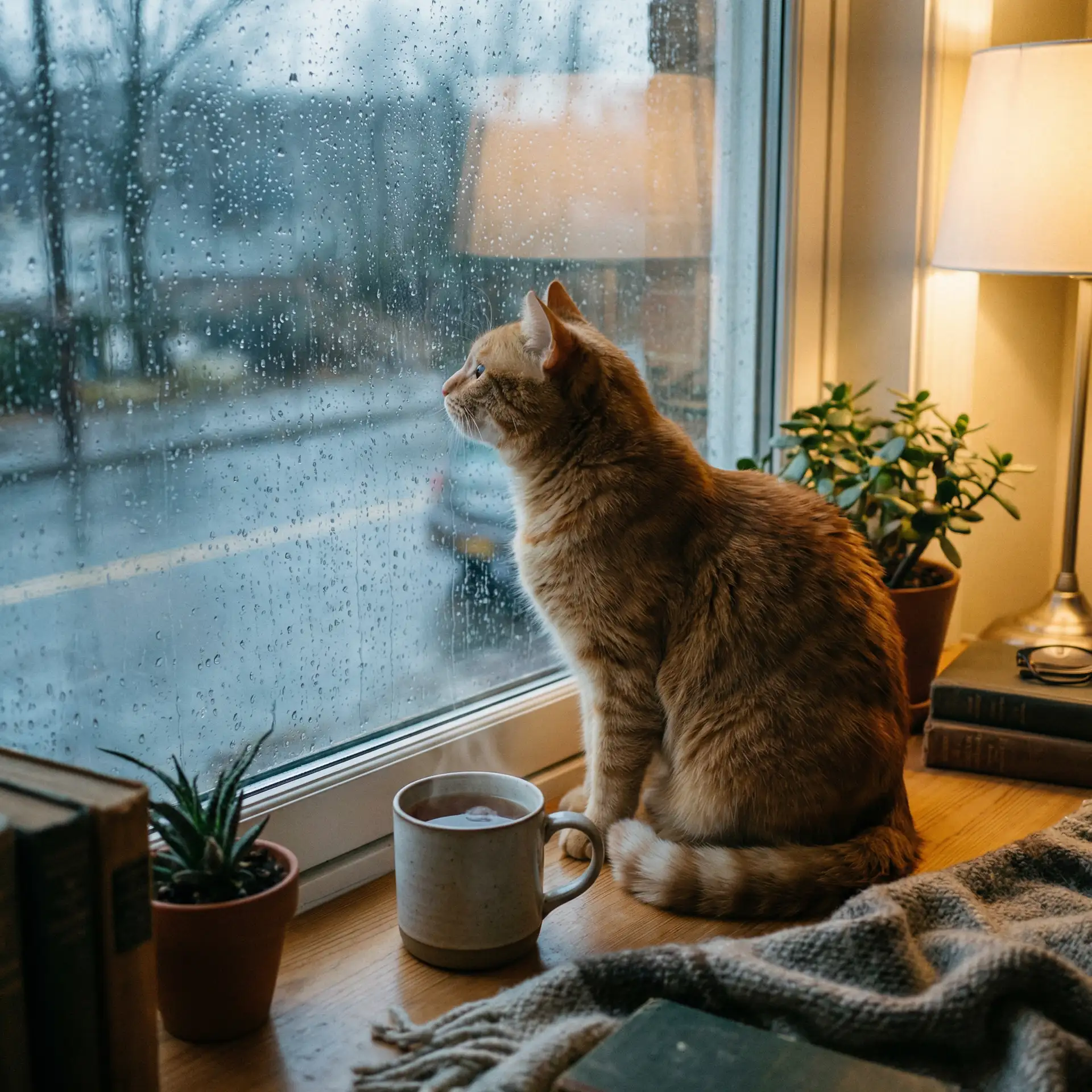 猫咪望着窗外的雨 - 丝袜脚